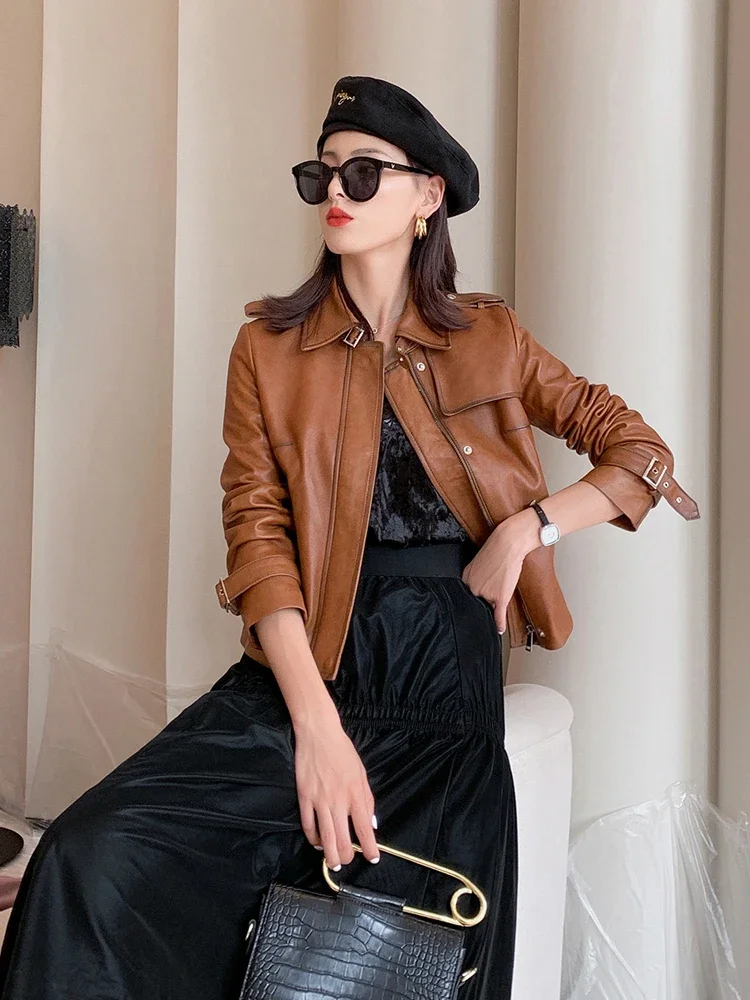 リアル本革ジャケット女性ヴィンテージシープスキンのコートショートスリム春秋のオートバイのバイカージャケット女性M7548 YY1793