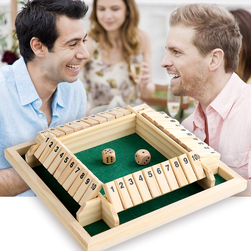 Würfel-Brettspiel-Set aus Holz mit 10 Zahlen, Klappen und Würfeln für 4 Spieler, Party, Club, Trinkspiele, Familienunterhaltung