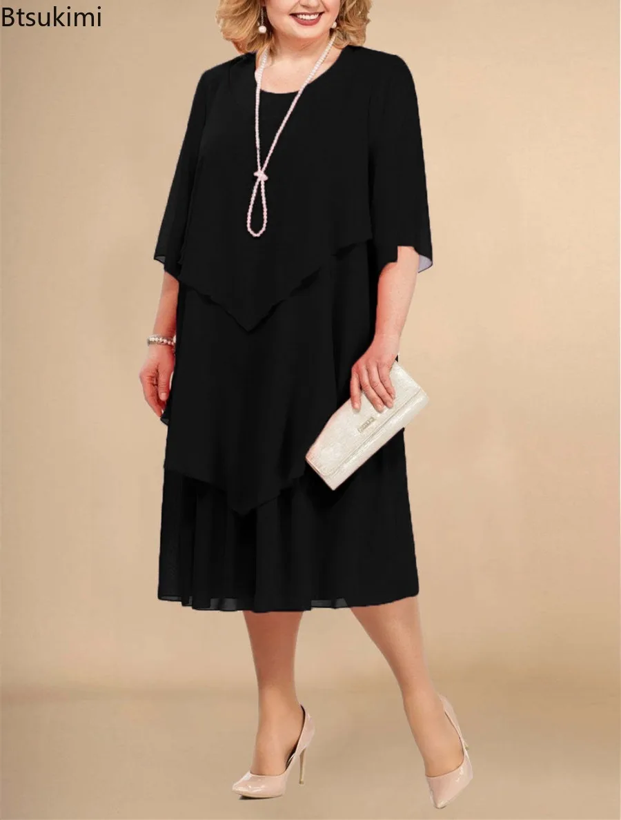 Plus Size Elegantes Chiffonkleid Damen Unregelmäßiger mehrlagiger Saum Fließendes Midikleid Mode Party Hochzeit Gast Sommer O-Ausschnitt Kleider