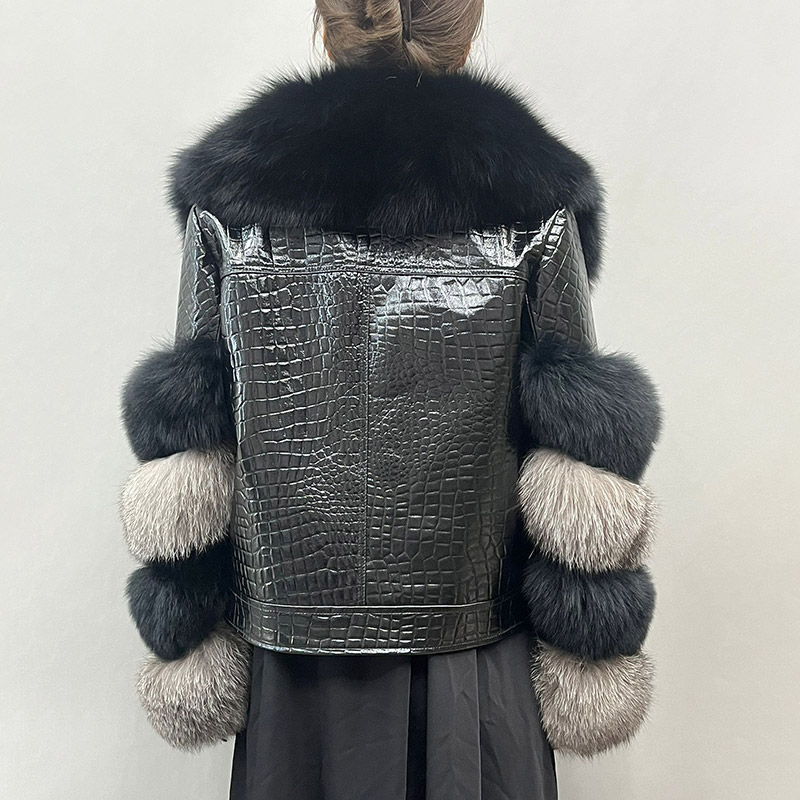 Jaqueta de couro recortada de pele real feminina, gola grande de pele, manga comprida, elegante, atacado, nova