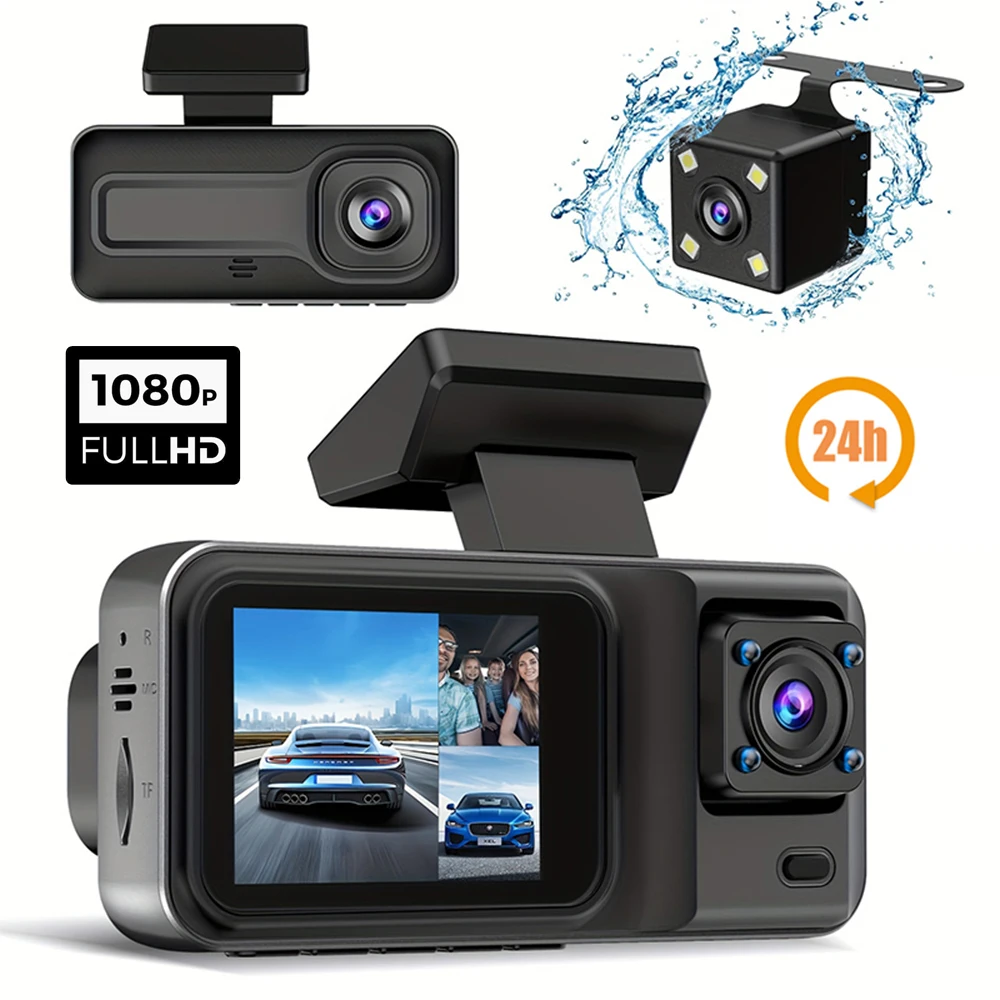Cámara de salpicadero de 3 canales para coches, cámara de caja negra, grabadora de vídeo DVR 1080P, cámara de visión trasera para vehículo, accesorios para coche DVR