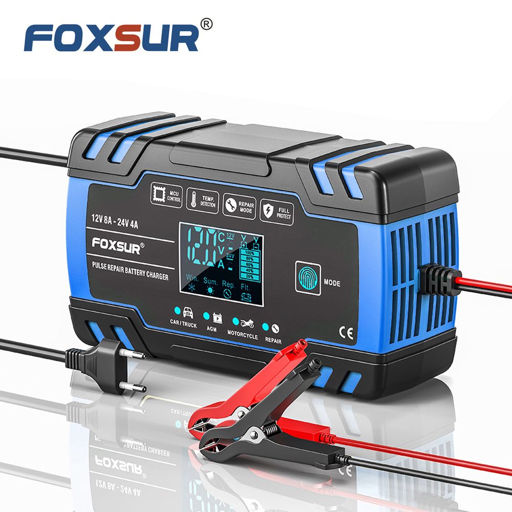 FOXSUR 車のバッテリー充電器 12V 8A 24V 4A タッチスクリーンパルス修理 LCD 高速電力充電ウェットドライ鉛酸デジタル LCD ディスプレイ
