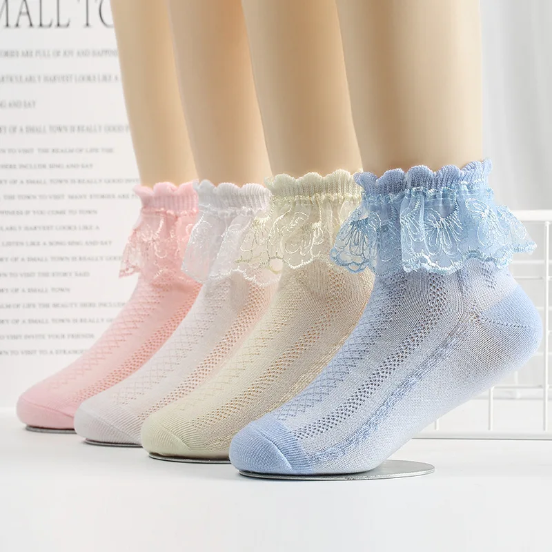 Calcetines de malla de encaje de algodón transpirable con volantes princesa niños tobillo calcetín corto blanco rosa amarillo para bebés niñas niños pequeños