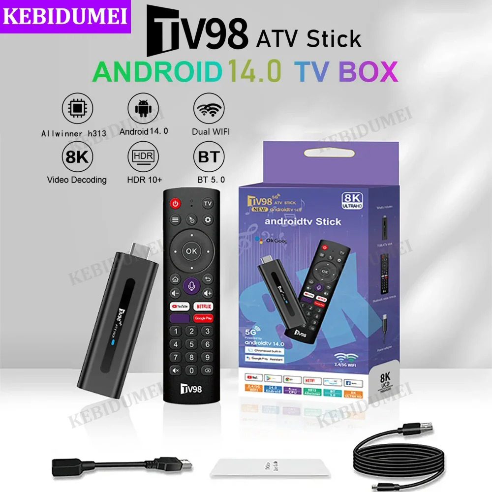 AndroidTV TV Stick Android 14, двойной Wi-Fi 2,4G 5G BT 5,0 TV Box 8K Vedio Decoding HDR10+ Set Top Box Allwinner H313 Медиаплеер