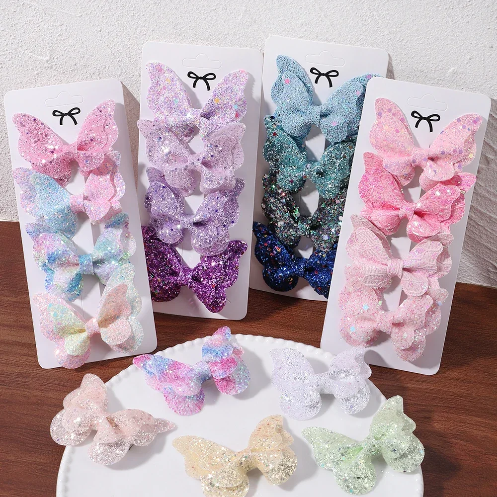 2/4/5 個女の子かわいいスパンコールダブル蝶ヘアクリップ弓ヘアピン DIY 帽子弓の装飾ヘアグリップ子供ヘアアクセサリー