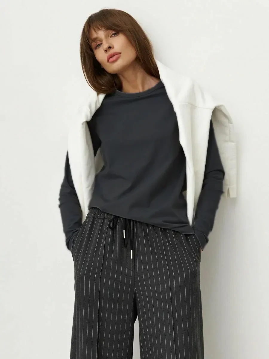 Wolfeel ผู้หญิงฤดูใบไม้ผลิฤดูใบไม้ร่วง 100% Cotton เสื้อยืด Bottoming Basic Solid Lady เสื้อแขนยาวหลวมเสื้อขนาดใหญ่ T เสื้อ