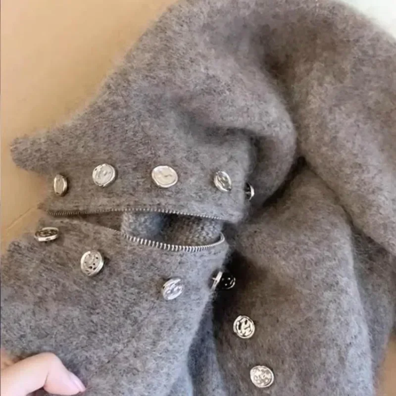 Luxus Flauschigen Gestrickte Strickjacken Pullover Design Zweireiher Pullover Mantel Frauen Herbst Winter High-end-Lazy Zipper Stricken Top