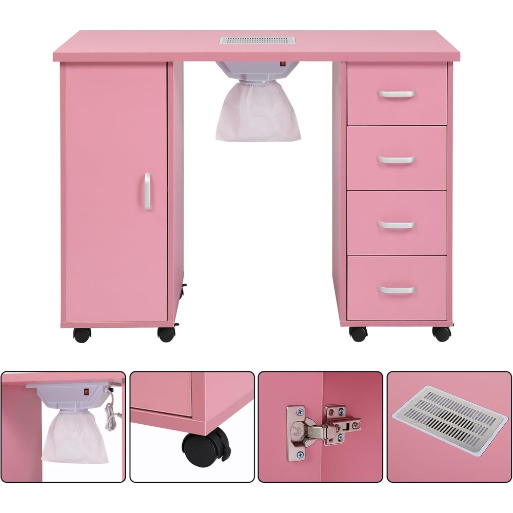 Manicure Nail Table Station, Salon Spa Nail Desk with Electric Downdraft Vent, Locking Castors, 2 Layers Storage Cabinet