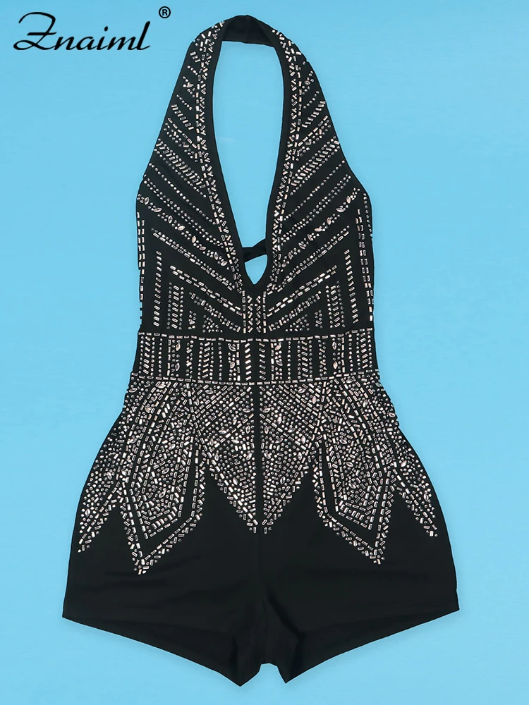 Znaiml-monos cortos con cuello en V profundo para mujer, trajes de vendaje Halter de diamantes de imitación, monos de cristal, fiesta de cumpleaños y Club nocturno