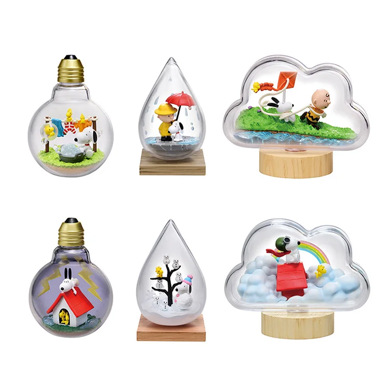 RE-MENT Escena de Snoopy en una botella Botella meteorológica Pico en miniatura Colección Andy Modelo Muñeca Adornos Regalos
