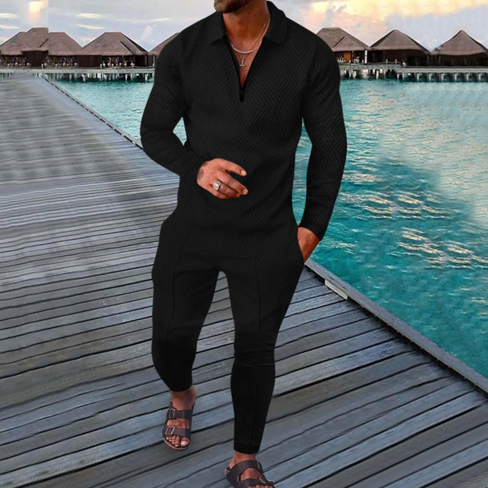 Nueva tendencia de moda para hombres, camiseta con solapa de color sólido, jersey con cremallera, cómodo, informal, ajustado, manga larga + Pantalones deportivos de dos piezas