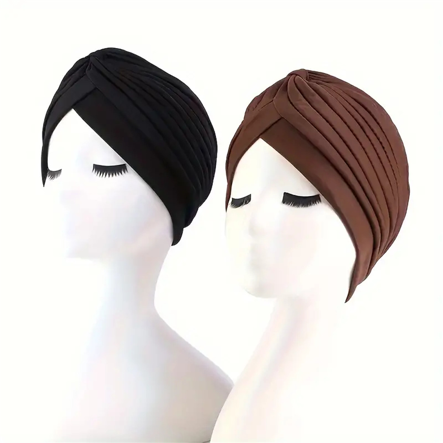 2 teile/los Stretch Turbane Kopf Beanie Abdeckung Twisted Plissee Headwrap Verschiedene Farben Haar Abdeckung Beanie Hüte für Frauen Mädchen