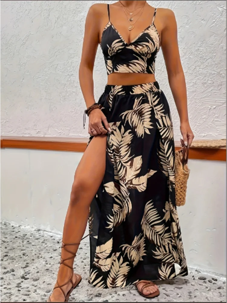 Elegantes tiefes Kleid mit V-Ausschnitt Frauen Sommer ärmel los bedruckte Weste Rock Set sexy High Slit Trend Kleider