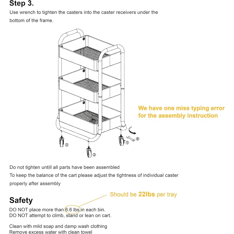 3-Tier Rolling Cart - Heavy Duty Metal Rolling Cart, Lockable Casters, Multifunctional Storage Shelves - Great for Kitchen