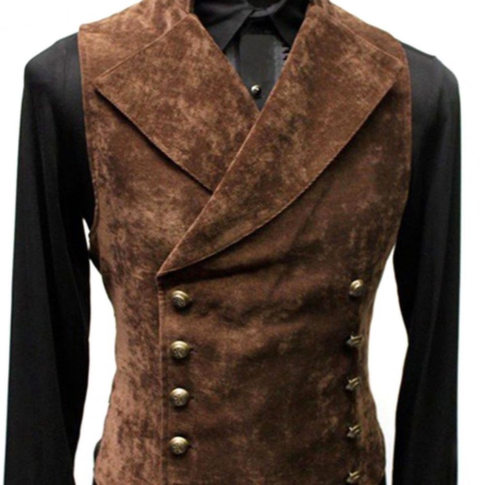 Vintage Red Suede ชุดเสื้อกั๊กผู้ชาย Waistcoat Stand Collar สีทึบ Double Slim-Fit เสื้อกั๊ก Steampunk Gilet Homme