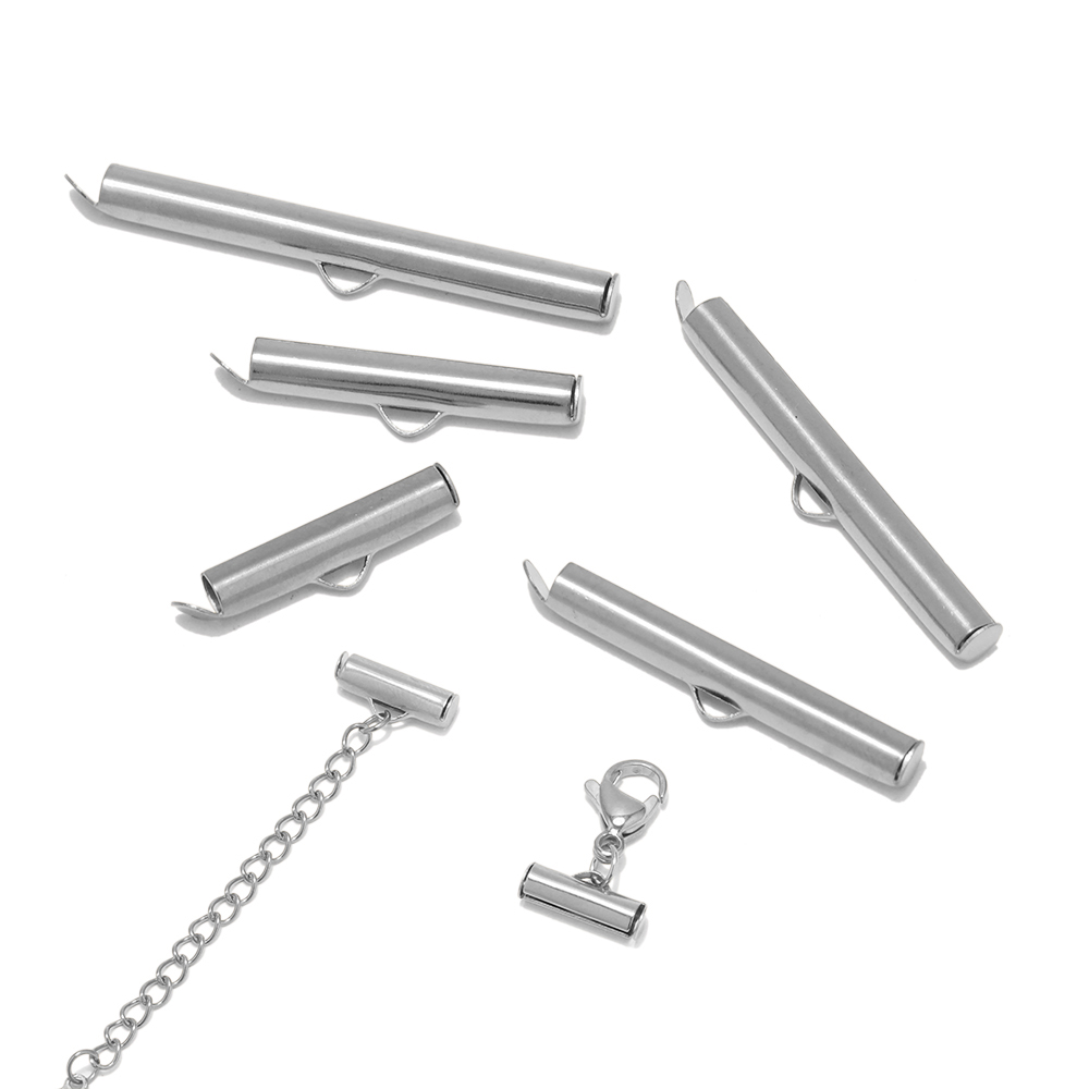 20 peças tampas de extremidade de crimpagem de aço inoxidável fecho deslizante fivelas conectores de tubos descobertas para pulseira diy acessórios de fabricação de jóias