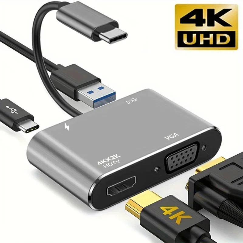 Type C Adapter Hub 4 in 1 Multiport with USB 30 VGA HDTV Digital AV and PD Charging Port Compatible