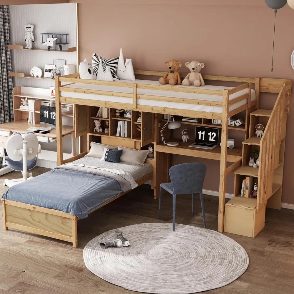 Twin Loft Bed.Twin Over Twin Bunk Beds with Stairs & Desk, Solid Wood Loft Bunk Bed with Storage Stairs Shelves and Drawers,