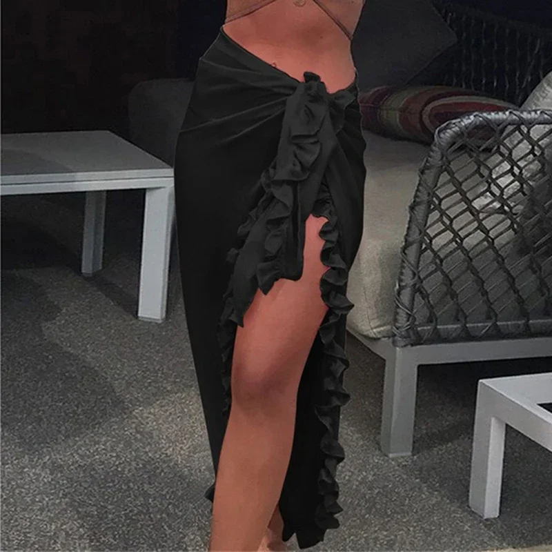 Mulheres chiffon transparente praia bikini cobrir envoltório cachecol roupa de banho pareo sarong vestido sólido plissado casual vestido de praia