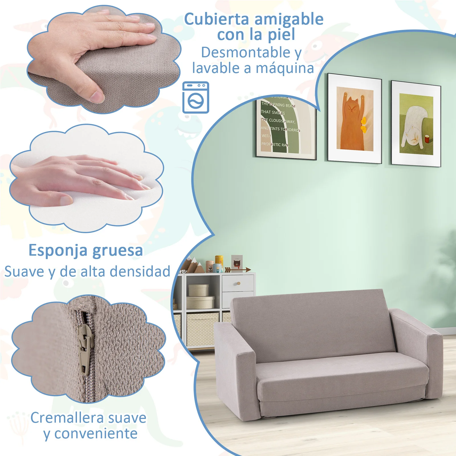 Sillones Infantiles Convertible 2 en 1, Sofá Cama Plegable para Niños, Sofá Convertible en Cama con Funda Suave y Lavable, Muebles para Niños para Habitación de Niños, Dormitorio, Gris Claro