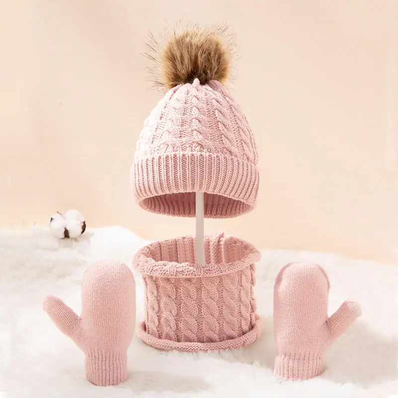 Gorro para niños, bufanda, guantes, traje de lana monocromático, masa frita, giros, cálido, tres piezas, sombrero para niños, bufanda, guantes, traje