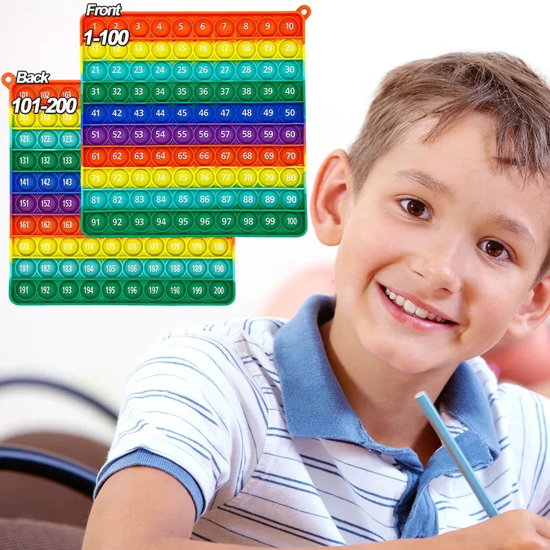 Rainbow Math Fidget Toy - 1-200 Counting Push Bubble Board, Silicone Educational Game for Preschool Kids