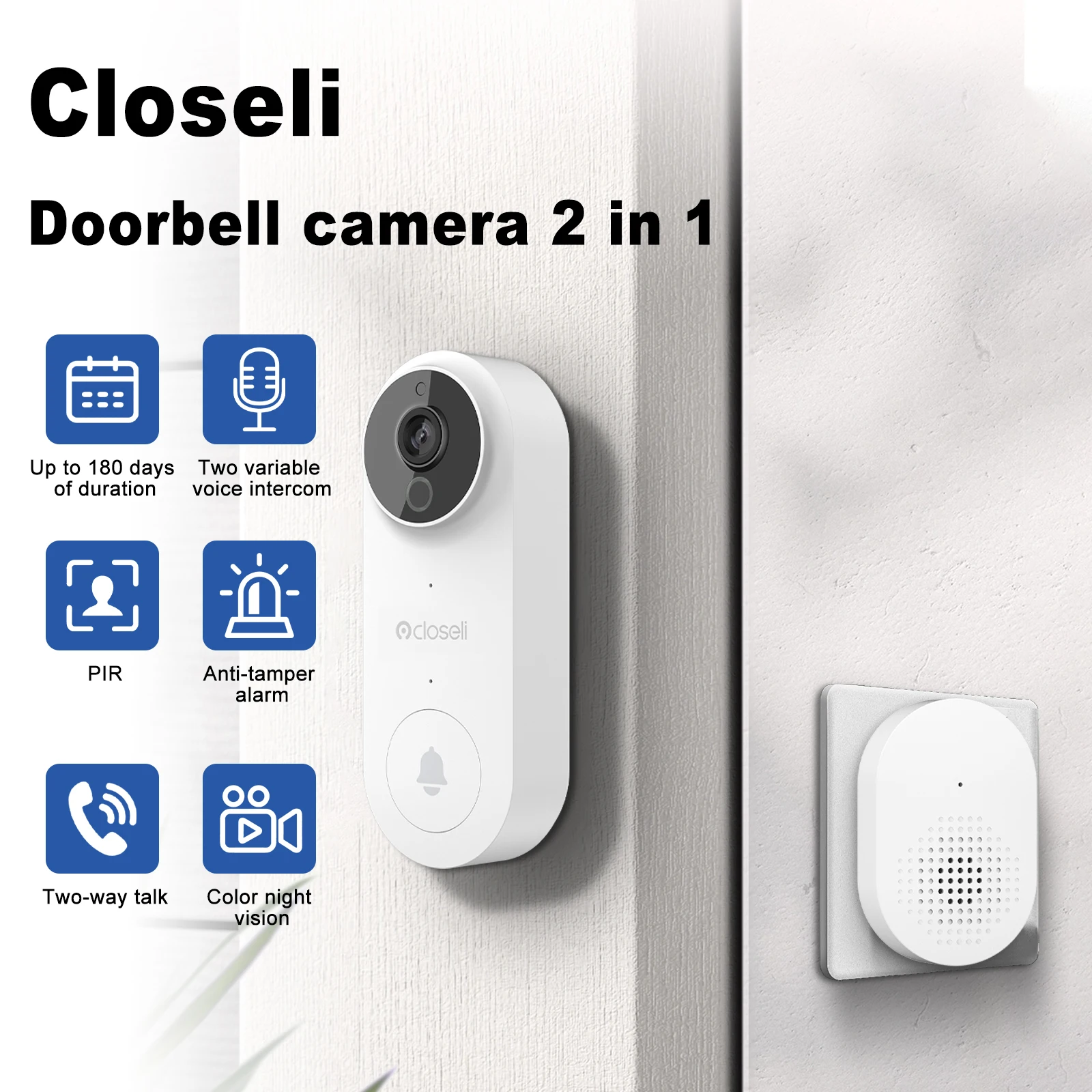 Closeli BR100PB2 2MP WiFi Türklingel Drahtlose Kamera Alarm Sicherheit Ultra HD Nachtsicht PIR Erkennung Zwei-wege Sprechen Home Security
