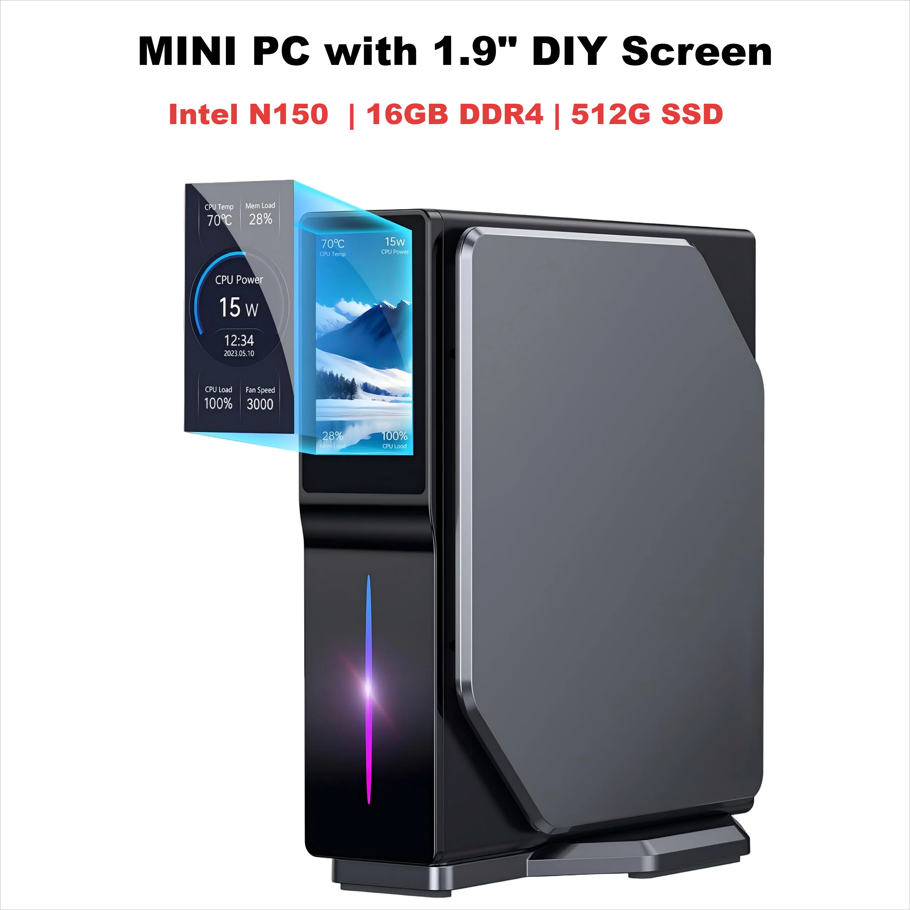 S1 Mini PC Intel N150 CPU 16GB DDR4 512GB SSD, pantalla DIY de 1,9 pulgadas 4K salida HDMI Dual LAN, funda magnética, Windows/Linux Su