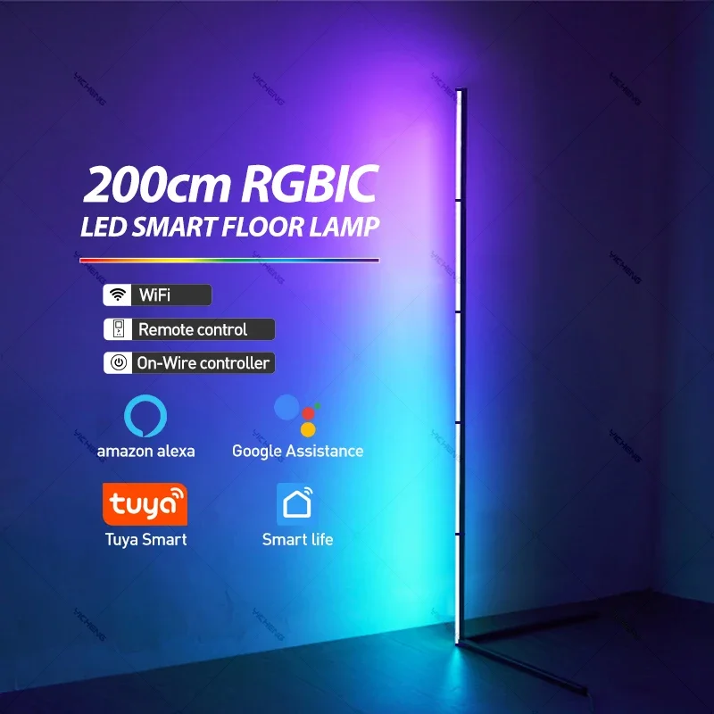 Lámpara de pie de esquina inteligente RGBIC blanca de 200 cm, aplicación y control remoto Tuya, colores y efectos ajustables, luz de pie moderna para Liv