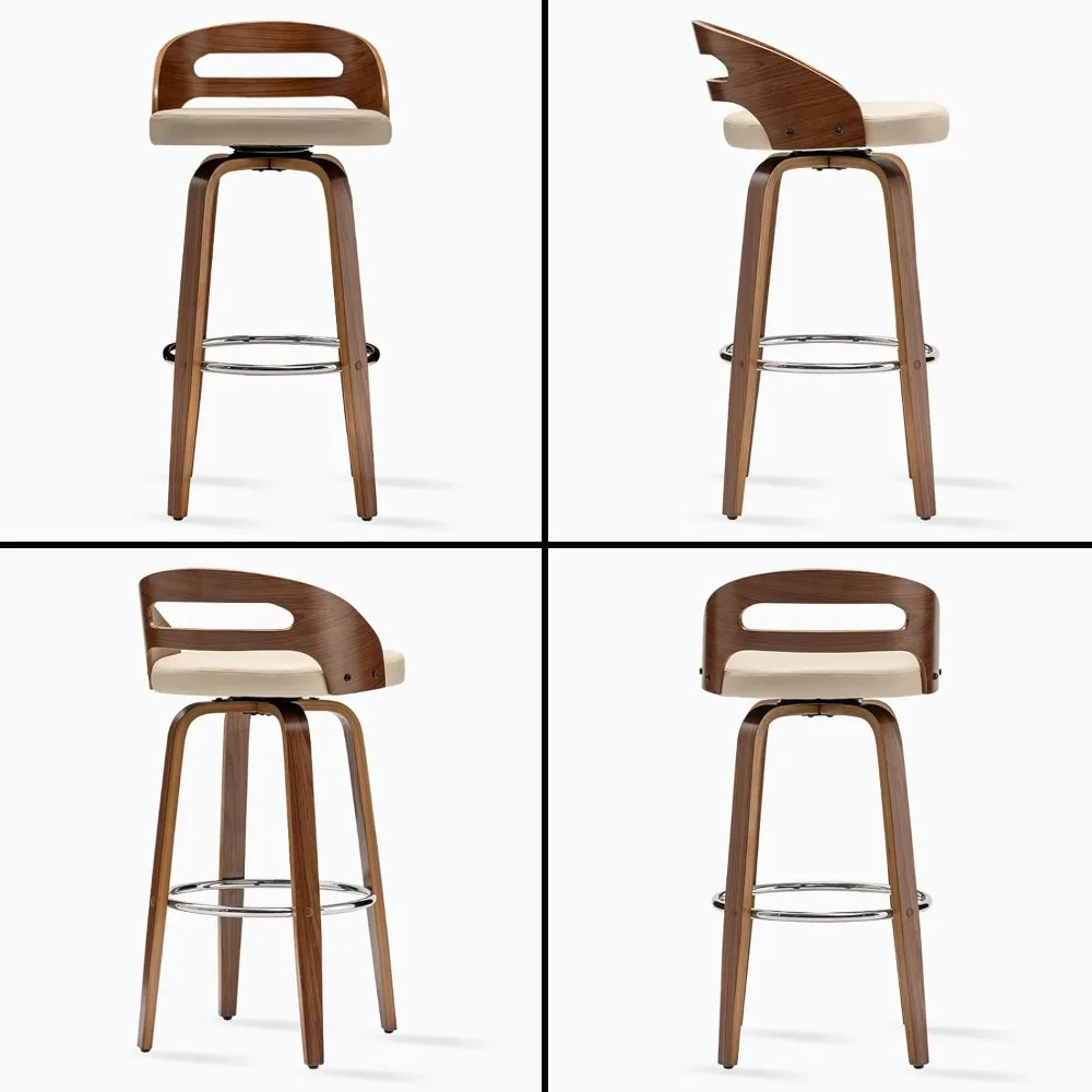 Bar Stools Set of 2,Upholstered Faux Leather, Soft Cushion Seat, Mid Century Bar Stools, Swivel Bar Height Stools