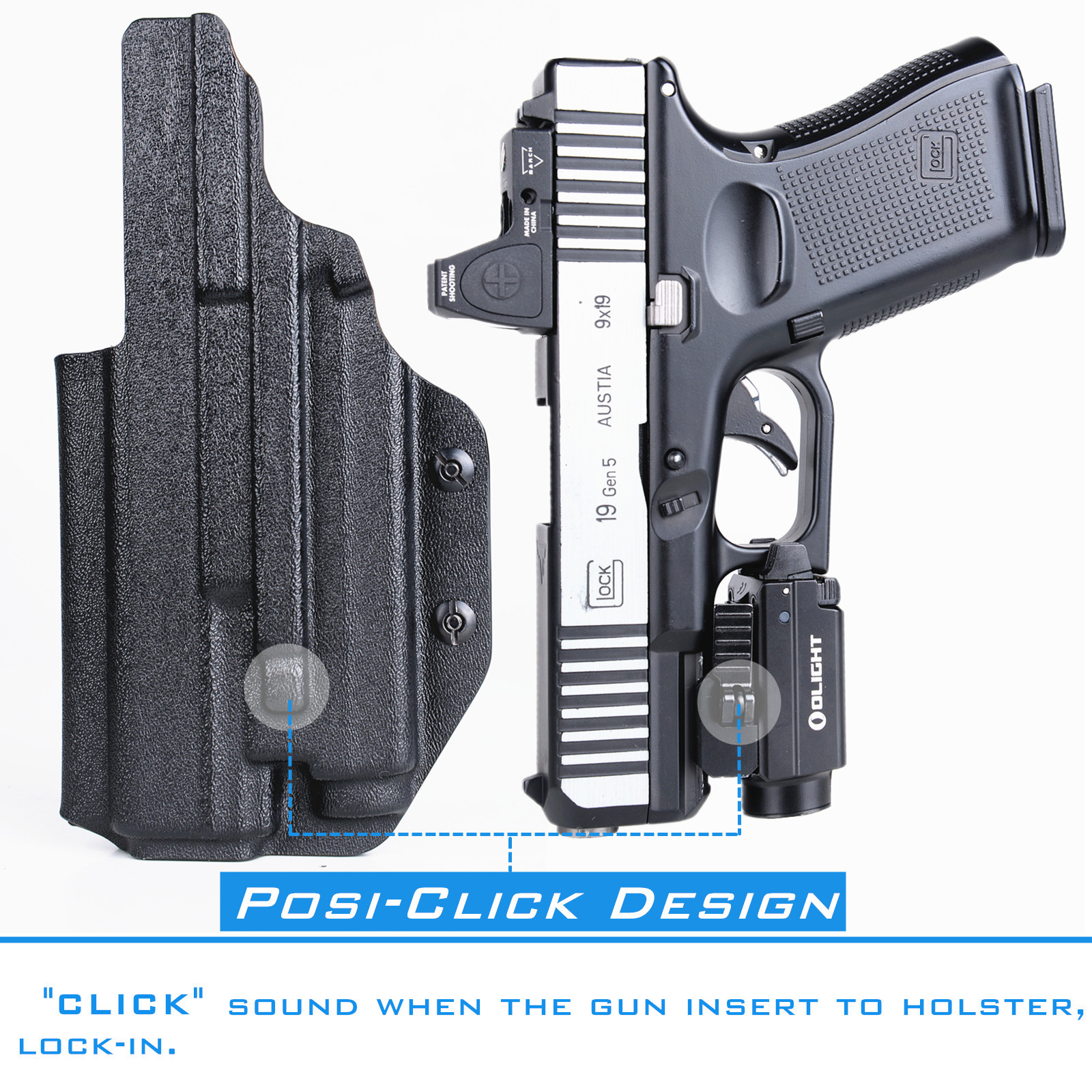 IWB Kydex Holster for Glock 19 19X 23 25 32 44 45 with Olight Baldr S Tactical Flashlight Inside Waistband Concealed Carry