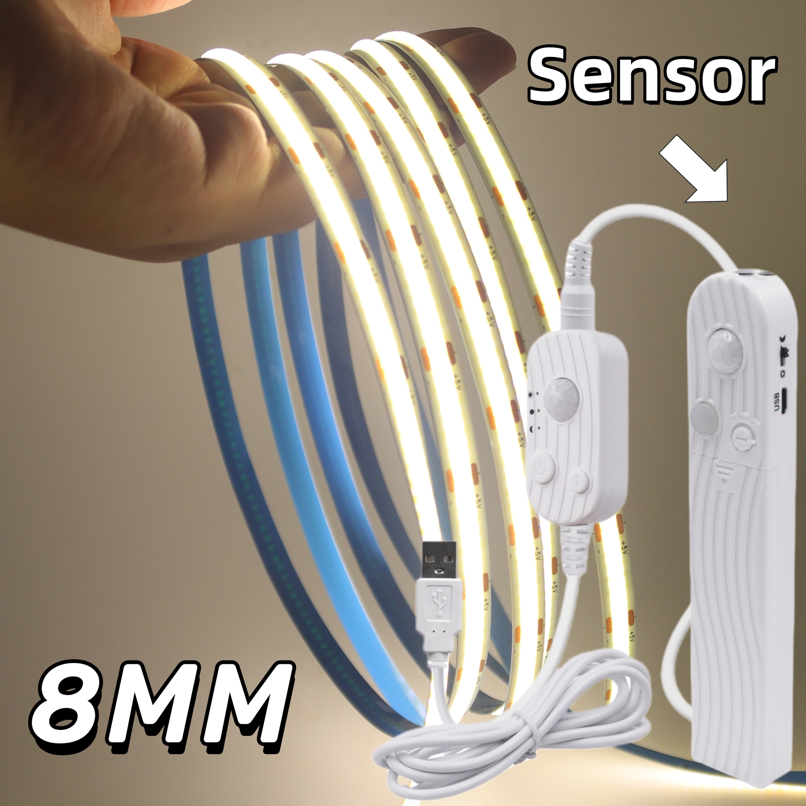 5V Dimmbare Batterie Box USB COB LED Streifen Licht PIR Motion Sensor 320LEDs/M Flexible LED Band Band für Treppen Schrank Küche