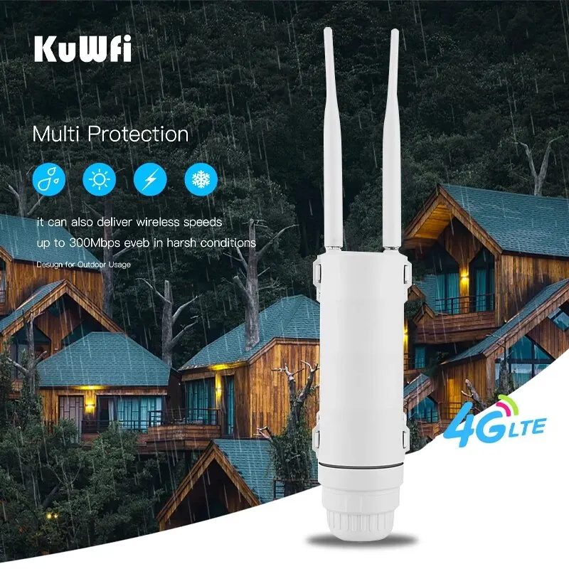 KuWFi 4G WLAN-Router für den Außenbereich, 300 Mbit/s, wasserdicht, 4G-SIM-Karten-Router, großer Bereich, kabelloser Internet-Hotspot, WLAN-Unterstützung für 64 Benutzer