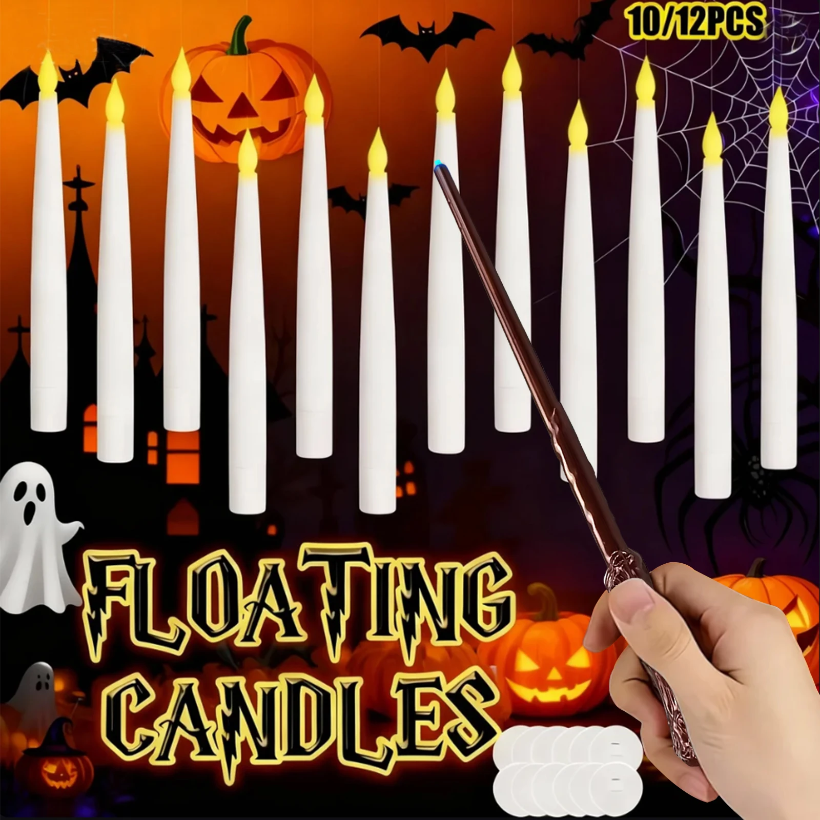 Velas flotantes LED con varita mágica, vela voladora sin llama, velas quemagrasas parpadeantes para decoración de bodas y vacaciones, 12/10 Uds.