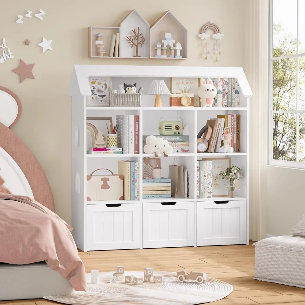 Toy Storage Organizer with House-Shaped Design, Kids Bookshelf Dollhouse Bookcase with 3 Movable Drawers and 6 Storage Cubbies