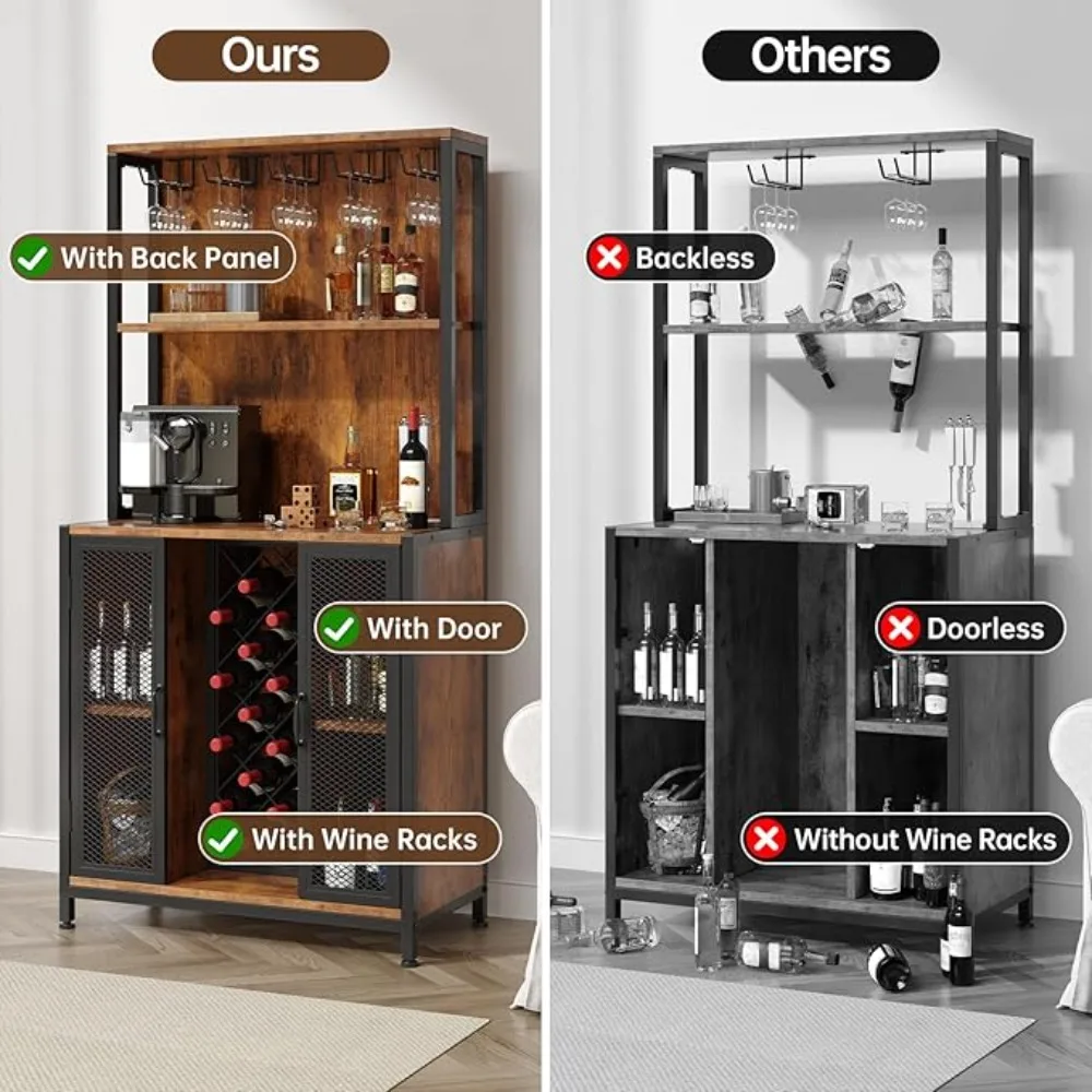 LED Upgraded Bar Cabinet with Back Panel & Microwave Stand Rack,  65" Tall Wine Bar Cabinet w/Glass Holder & Adjustable Shelves