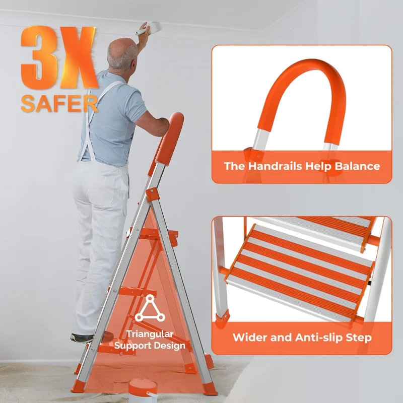 LUISLADDERS 3 Step Stool Aluminum Lightweight Step Ladder Folding Anti-Slip with Rubber Hand Grip 350lbs Capacity Home