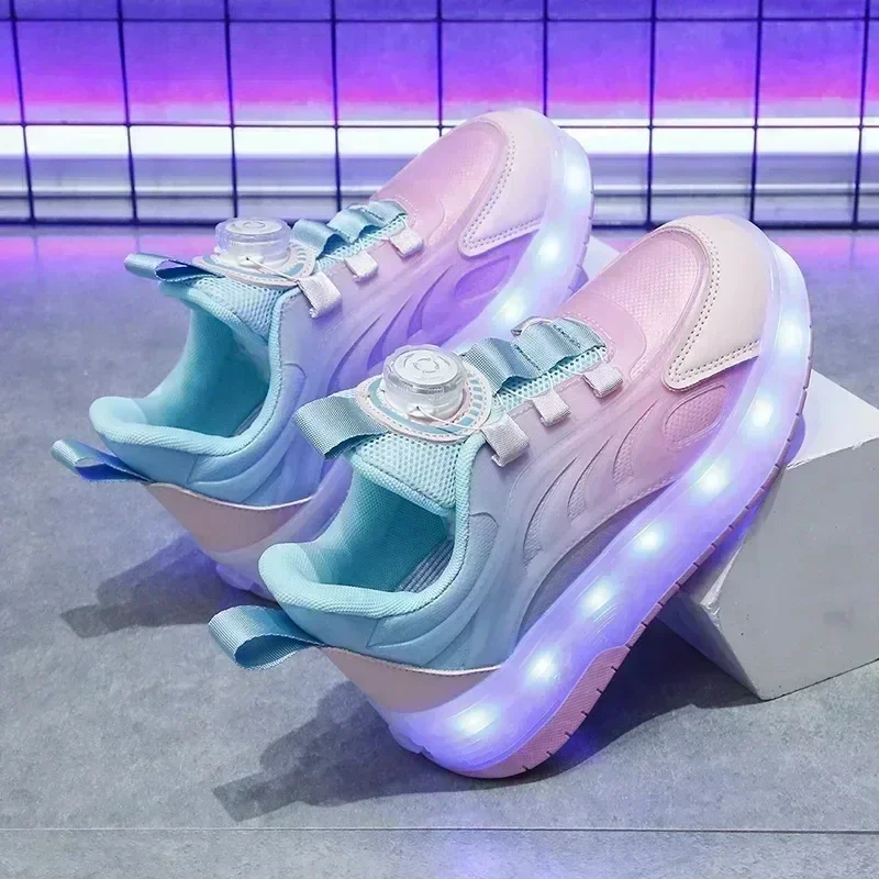 男の子女の子子供 USB 充電式発光カジュアルスニーカー LED ライトホイール屋外パルクールローラースケートスポーツ
