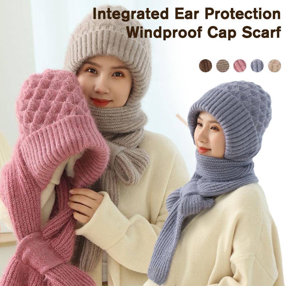 Winter Gestrickte Integrierte Hut Schal Set Kälte Beweis Gehörschutz Schal Warme Mützen Radfahren Winddicht Damen Outdoor Caps