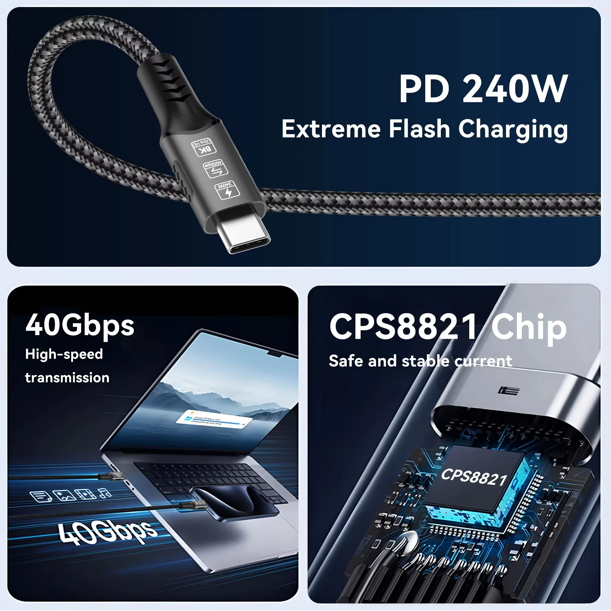 สาย USB4 Thunderbolt 3/4 40Gbps USB-C สายวิดีโอ 8K รองรับ PD240W ชาร์จเร็ว เหมาะสำหรับ iPhone 16 Macbook สายดาต้าสำหรับฮาร์ดดิสก์