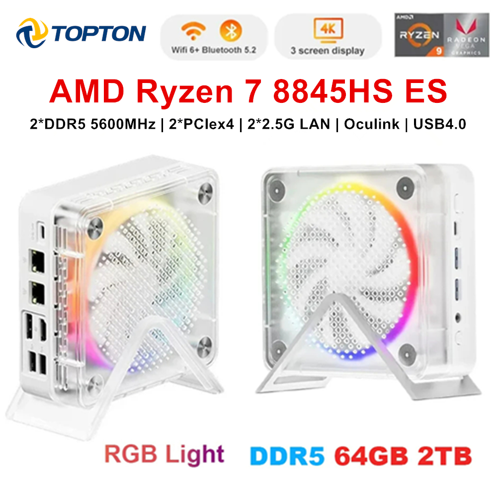 Topton RGB Gaming Mini PC D7 AMD Ryzen 7 8845HS ES Oculink 2*2,5G LAN 2*PCIe 2*DDR5 USB4 Windows 11 Desktop Mini Computer WiFi6