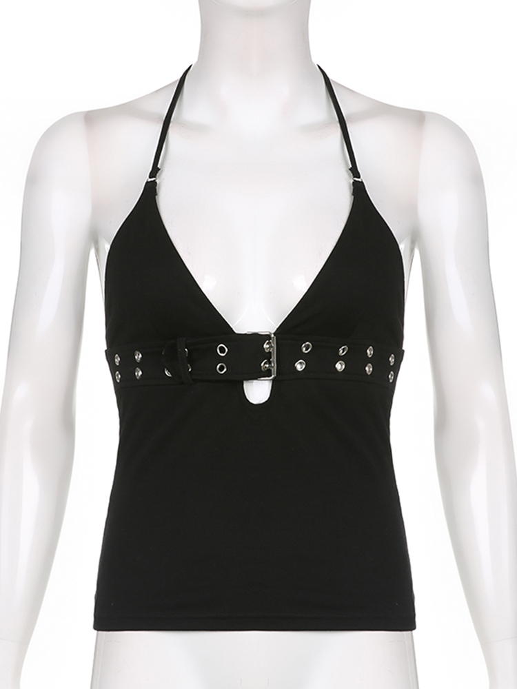 Sweetown-camisola Sexy con espalda descubierta para mujer, ropa técnica gótica Punk con ojal, Tops cortos negros, chaleco sin mangas Sexy con cuello en V profundo