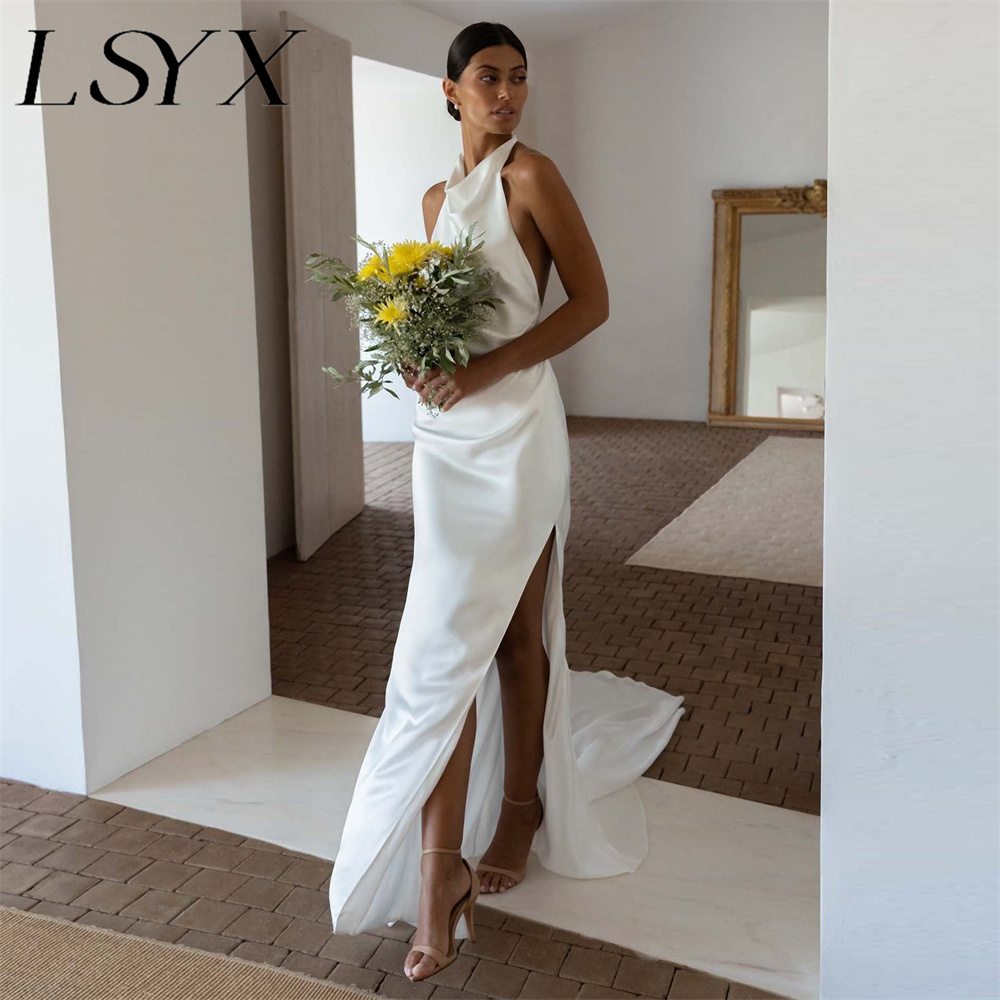 LSYX personalizado Halter sin mangas Simple sirena vestido de novia satén espalda abierta abertura lateral alta hasta el suelo vestido de novia