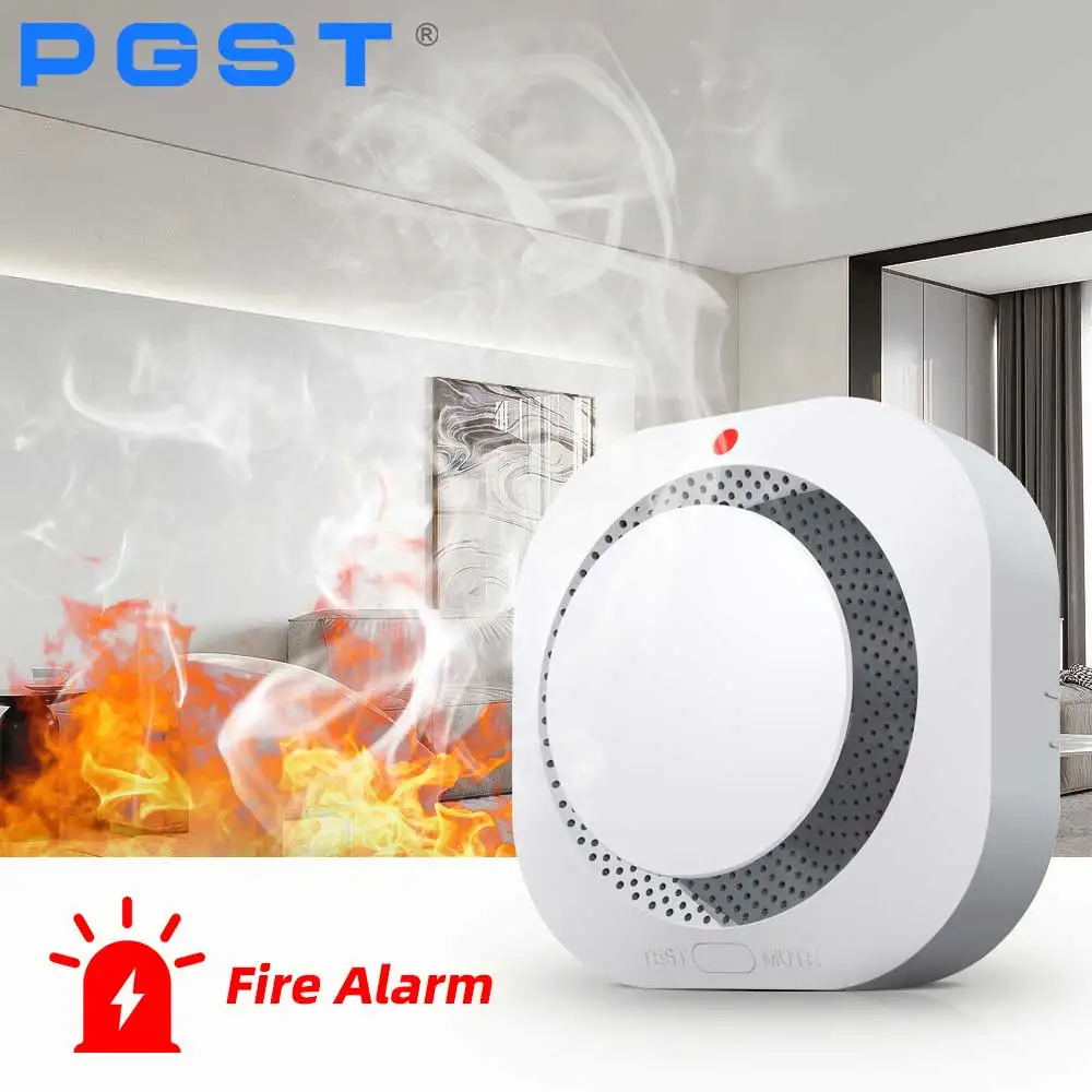 Detector de fumaça sem fio PGST 433MHz Sensor de alarme de incêndio Sistema de alarme de segurança doméstica se conecta ao host de alarme