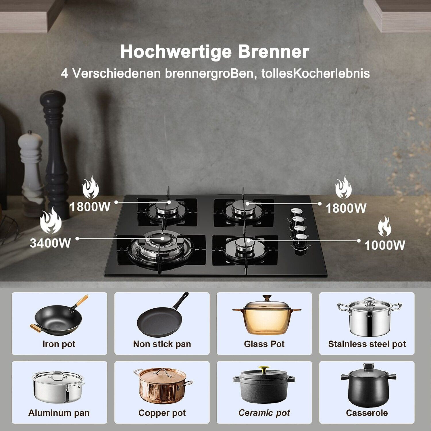 TopStrong 4 Brenner 60 cm Glaskeramik Einbauherd Erdgas Propan Gaskochfeld