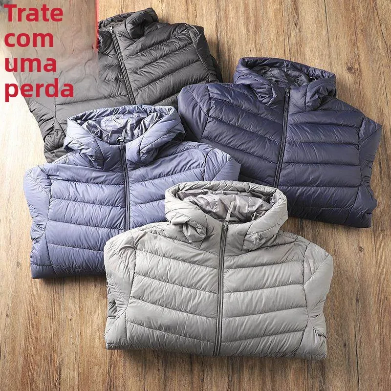 Jaqueta Casual Masculina Leve com Capuz, Casaco Curto de Cor Pura, Aquecido, Com Enchimento de Aodão, Moda Slim Fit para Pr...