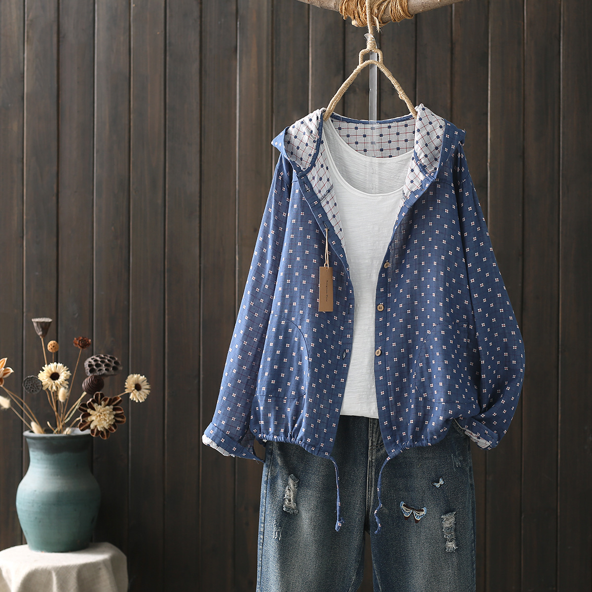 Large size blouses for women autumn spring hooded long sleeve single-breasted shirts adjustable women's clothing