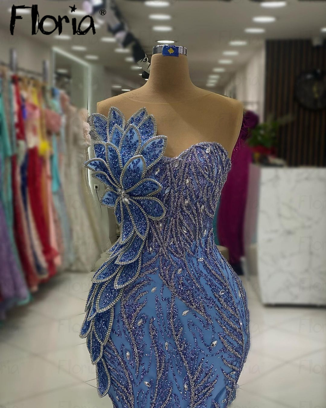 Floria Glitter Silver Crystals Blue Evening Dress Arabic Women 2024 Dinner Night Gowns Customized Special Occasion Dresses
