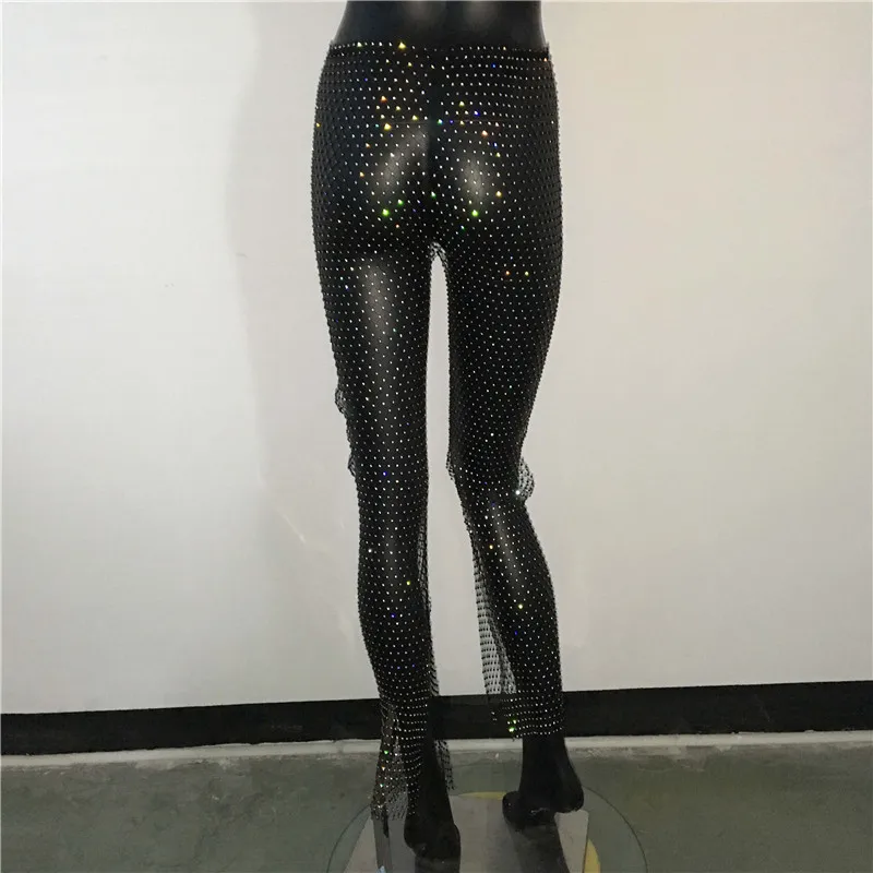 セクシーな y2k ストリート網タイツラインストーンパンツ女性服シースルークラブパーティーパンツヴィンテージ服ワイドレッグパンツズボン