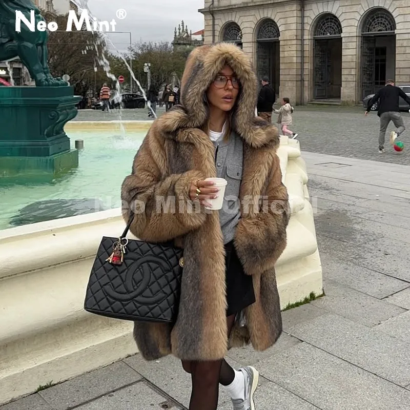 Neo mint vintage moda de luxo com capuz casaco de pele do falso feminino 2025 inverno estilo eslavo menina listrado jaqueta de pele de raposa longo casaco